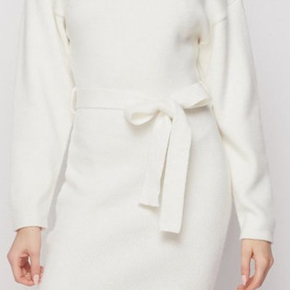 Ivory Turtleneck Belted Knit Sweater Dress - Picture 6 of 7
